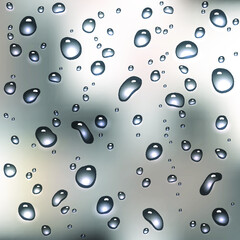 Water rain drops or condensation over blurred nature background beyond the window, realistic transparent vector illustration.