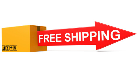 Free shipping text on the cardboard box isolated