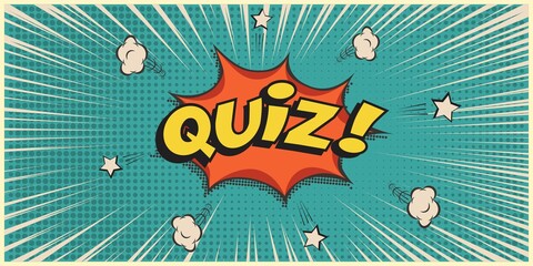 Quiz game show retro background. Vintage trivia night poster in pub. Marketing design vector illustration. Yellow text on blue background. Cartoon old banner for competition