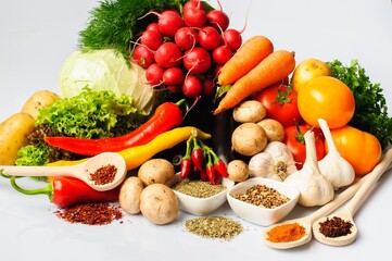 Vegetables and spices on a white background