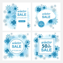 Collection of beautiful winter sale posters. Colorful discount banners with snowflakes. Use for poster, banner, event invitation, discount voucher, advertising