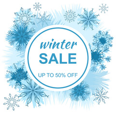 Beautiful winter sale poster. Colorful discount banner with snowflakes. Use for poster, banner, event invitation, discount voucher, advertising
