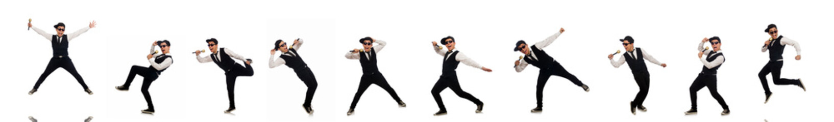 Funny man in karaoke club isolated on white