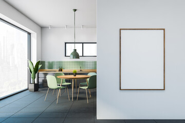 White and green dining room interior with poster