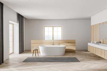 Fototapeta na wymiar Modern white and wooden bathroom interior