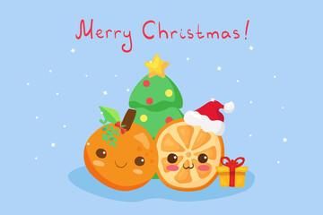 Kawaii stock vector illustration with cute festive tangerines. Happy funny food character with lettering. Happy New Year and Merry Christmas mandarins. Use for children holidays menu, print, poster.