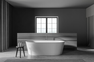 Naklejka na ściany i meble Modern gray and wooden bathroom interior with tub