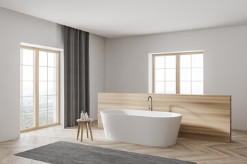 Modern white and wooden bathroom corner with tub