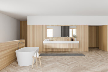 Modern white and wooden bathroom interior, side view