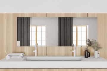 Modern white and wooden bathroom interior with sink, close up