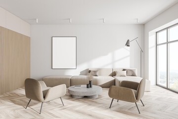 Fototapeta premium Modern white and wooden living room with armchairs and poster
