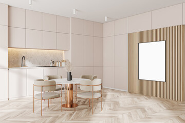 Stylish white and gray kitchen corner with dining table and poster