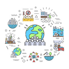 Environmental issues web banner. Infographics with linear icons on white background. Creative idea concept. Isolated outline color illustration.