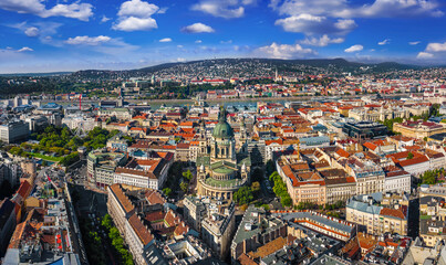 Budapest, Hungary - Aerial panoramic view of Budapest with St.Stephen's Basilica. Szechenyi Chain Bridge, Elisabeth Square, Buda Castle Royal Palace, ferris wheel at background on a sunny summer day