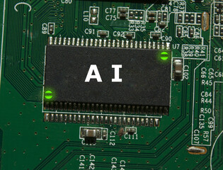 The electronic chip ai on green pcb closeup