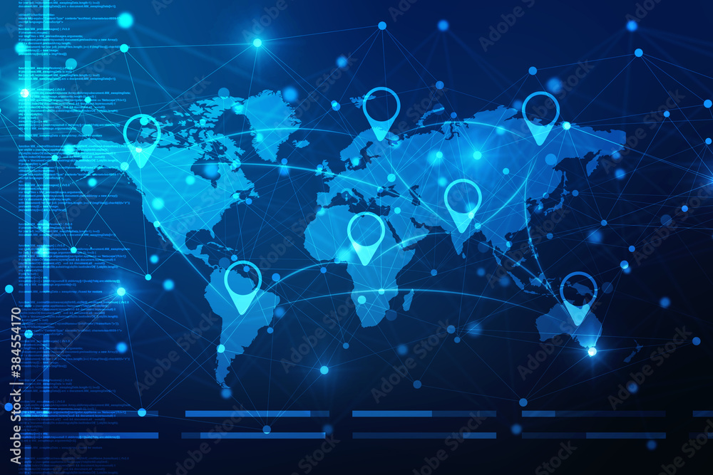 Fototapete 2d rendering red map pointer with world map