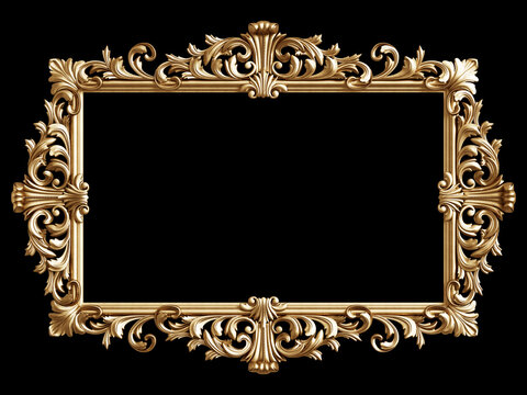 Classic golden frame with ornament decor isolated on black background
