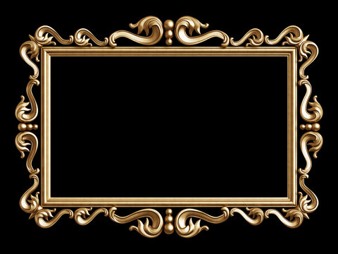 Classic golden frame with ornament decor isolated on black background