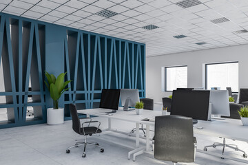 Modern white and blue open space office corner