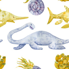 Aquatic dinosaurs clip-art watercolor seamless pattern. Marine prehistoric creatures endless background.