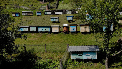 Small multicolored beehives. Beautiful bee-garden in the mountain village.