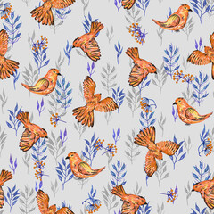 Seamless pattern of orange birds in watercolor.  Big size jpeg. Ideal for printing, Wallpaper, web, packaging, etc.