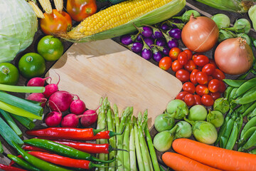 Backgroud of fresh food tasty and healthy varis vegetables are on the wooden table