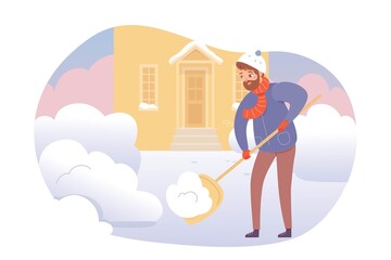 Man cleaning road from snow. Young guy removing fallen snow with spade to clear path to house entrance. Housework outdoor activity in winter vector illustration. Cold weather