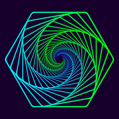 Twisted abstract wireframe tunnel. Wireframe hexagon shape. Blue and shape on a purple background. Scinece and tech vector illustration.
