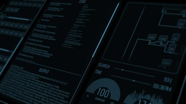 Perspective futuristic user interface with HUD and infographic elements. Ultra detailed abstract digital black background. Charts and graphs, text area. Presentation template. Data visualization.