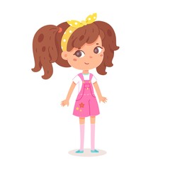 Happy girl standing. Joyful smiling child with laughing face expression. Positive emotion and fun vector illustration. Cute cheerful little kid in good mood on white background