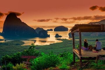 Natural panoramic lakeside nature background, beautiful twilight sunset, blurred meadow wind. Cool weather in the viewpoint or tourist attraction