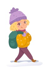 Kid walking in winter clothes outside. Happy girl in warm jacket and hat, standing in snow with backpack. Outfit for park walk vector illustration. Outdoor leisure activity