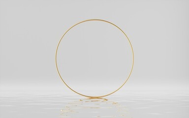 3d render, abstract white background with golden ring and reflection in the water. Empty round...