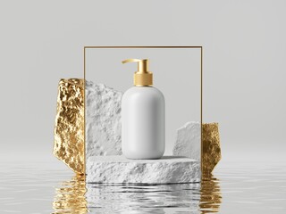 3d render, abstract skin care cosmetics presentation. Blank dispenser bottle placed on rough cobblestone pedestal. Minimal package mockup, commercial showcase