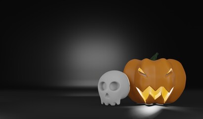 3d render. Celebration halloween  skull head horror  and pumpkin head carving smile and scrary eyes used to decorate in october on black background.