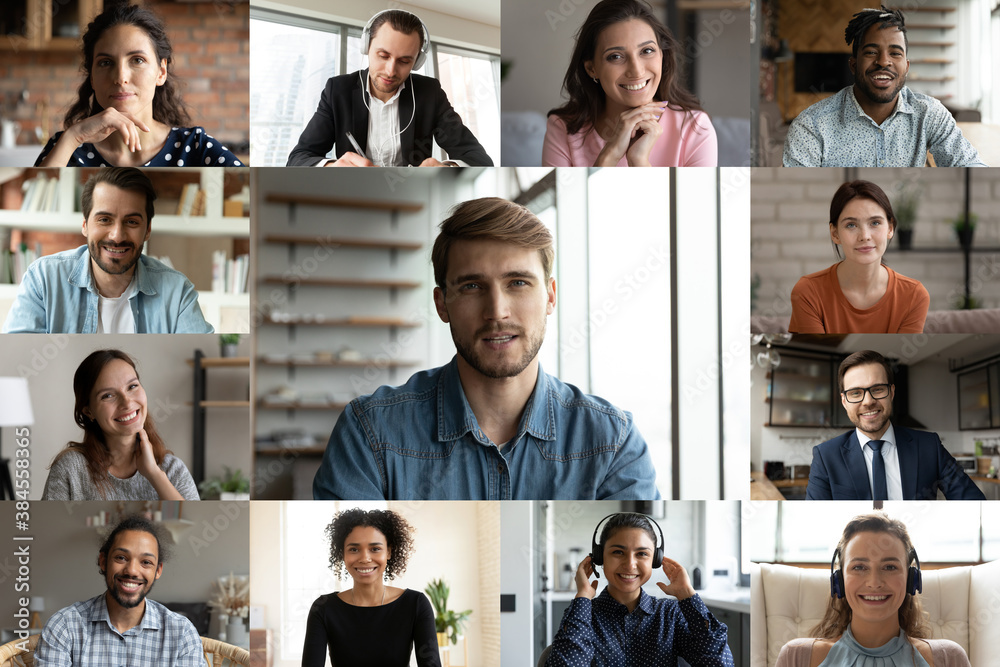 Canvas Prints Collage of headshot portrait of multiethnic colleagues coworkers speak talk on video call together. Diverse multiracial businesspeople have webcam team conference or group web online meeting briefing.