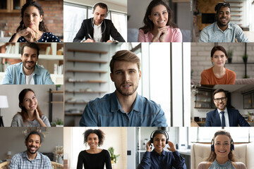 Collage of headshot portrait of multiethnic colleagues coworkers speak talk on video call together. Diverse multiracial businesspeople have webcam team conference or group web online meeting briefing.