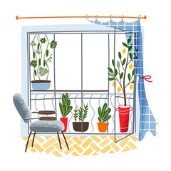 Modern vintage balcony interior design background. Room at home for growing plants, vegetables and fruit. Produce of lemons and cucumbers. Empty cosy area vector illustration