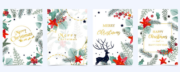 Collection of Christmas background set with holly leaves,flower,reindeer.Editable vector illustration for New year invitation,postcard and website banner
