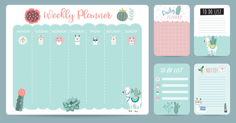 Pastel weekly calendar planner with llama,alpaca,cactus.Can use for printable,scrapbook,diary