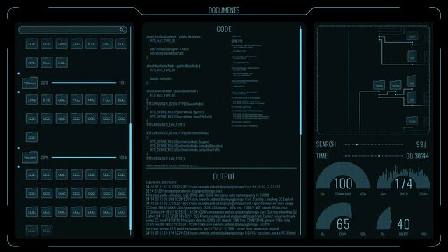 Futuristic HUD Animation of generic data with text area, UML diagram and animated graphs. Blue tech computer software panel. Computer game interface, hi-tech software panel. - Powered by Adobe
