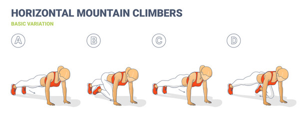 Mountain Climbers Home Workout Woman Exercise Guide Colorful Illustration.