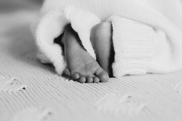 Detail of newborn\'s feet in mother\'s hands - shallow DOF\nClose-up feet of a newborn baby. Young mother is holding baby feet in his hisands.