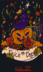 colored vector illustration, black cat on pumpkin lanterns, catches autumn leaves.