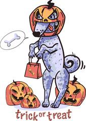 colored vector illustration, a dog in a Halloween pumpkin costume asks for a treat.