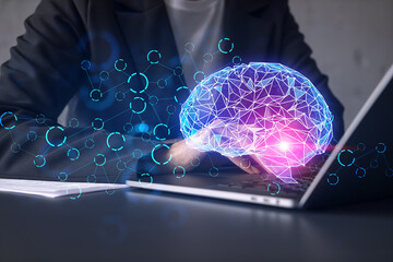 Businesswoman typing on laptop in office. Brain network illustration hologram.