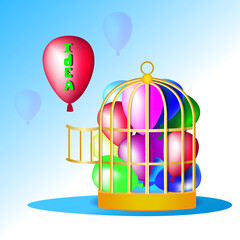 A balloon escaping from a cage represents the birth of a new idea.