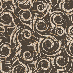 Seamless beige vector pattern of flowing lines and spirals on a brown background.Texture for fabric or wrapping paper. Curlicues and flowing lines.