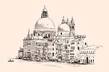 Sketch of the Cathedral of St. Mary in Venice isolated on beige background.